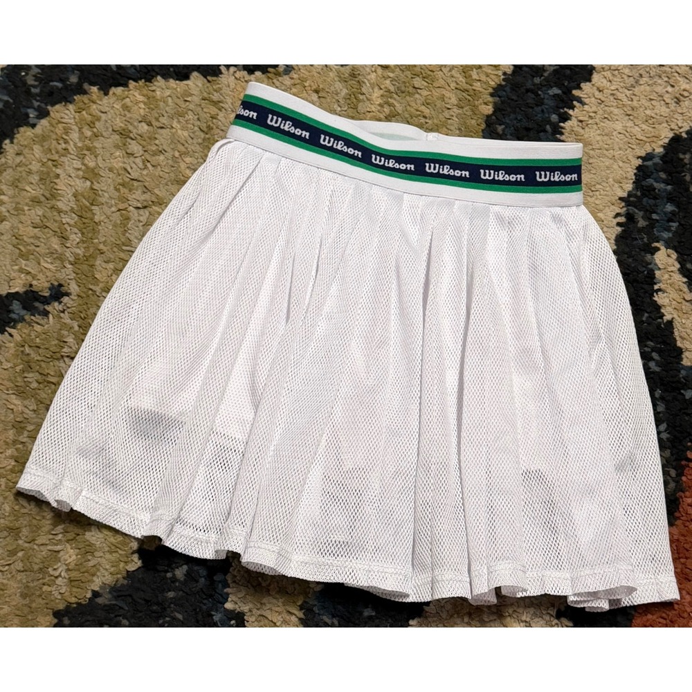 Wilson Girls White Mesh Pleated Tennis Skort Size S 6/6X Navy Green Logo Waist